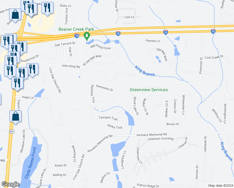 map of restaurants, bars, coffee shops, grocery stores, and more near 2831 Geronimo Drive in Crestview
