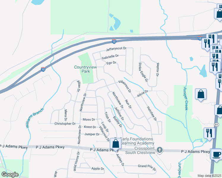 map of restaurants, bars, coffee shops, grocery stores, and more near 1208 Northview Drive in Crestview