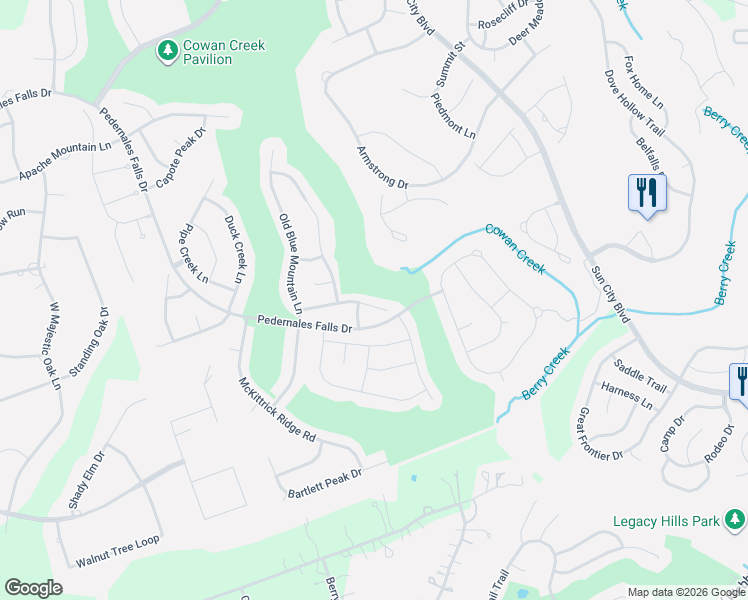 map of restaurants, bars, coffee shops, grocery stores, and more near 102 Ranger Peak Lane in Georgetown