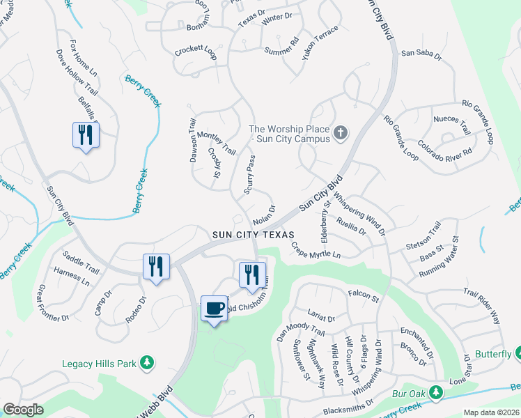 map of restaurants, bars, coffee shops, grocery stores, and more near 107 Scurry Pass in Georgetown