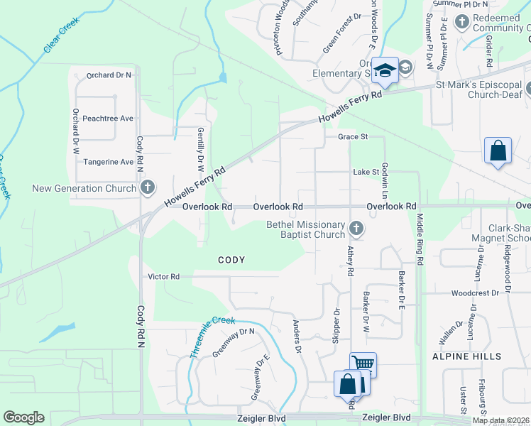 map of restaurants, bars, coffee shops, grocery stores, and more near 6759 Overlook Road in Mobile