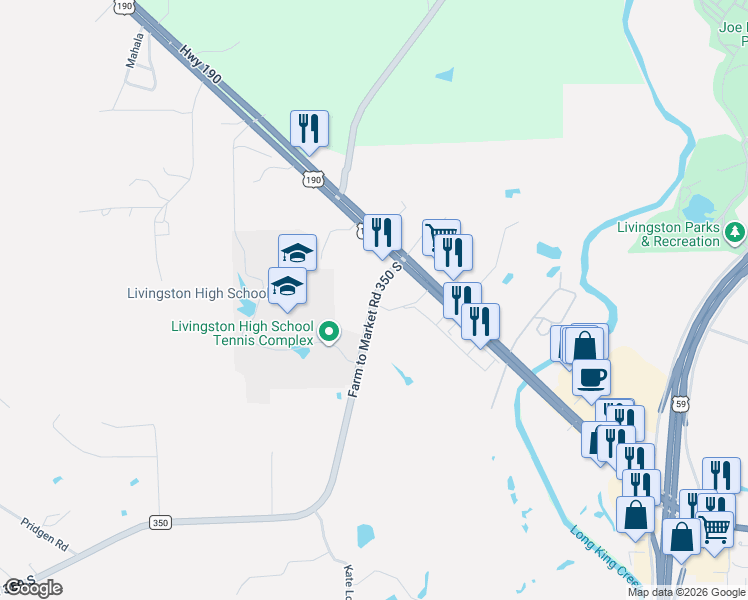 map of restaurants, bars, coffee shops, grocery stores, and more near Farm to Market 350 in Livingston