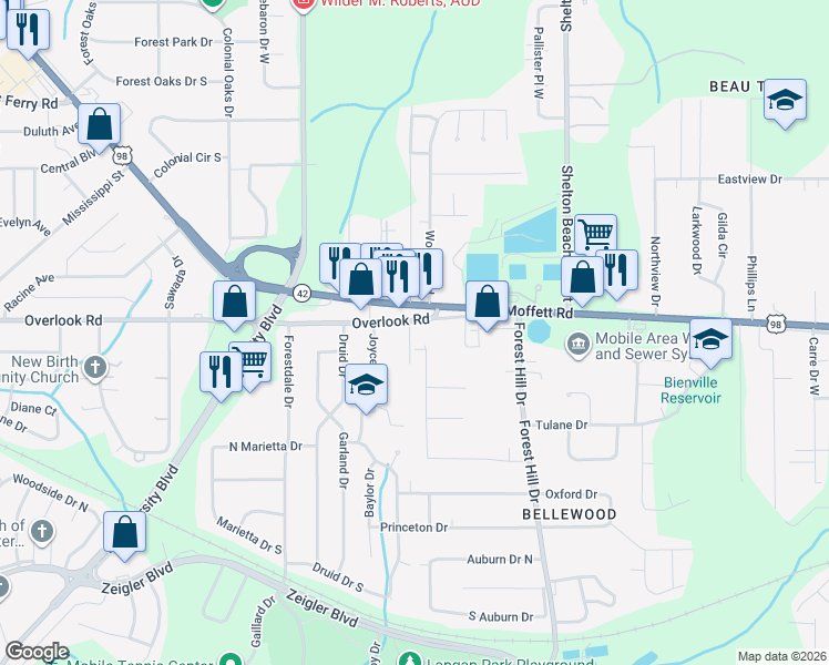 map of restaurants, bars, coffee shops, grocery stores, and more near 4955 Moffett Road in Mobile