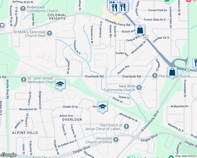 map of restaurants, bars, coffee shops, grocery stores, and more near 5716 Overlook Road in Mobile