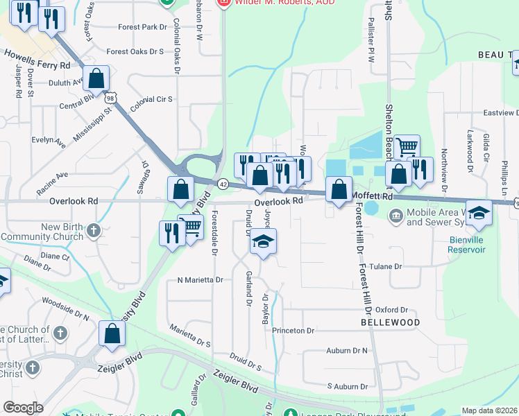 map of restaurants, bars, coffee shops, grocery stores, and more near 5021 Moffett Road in Mobile