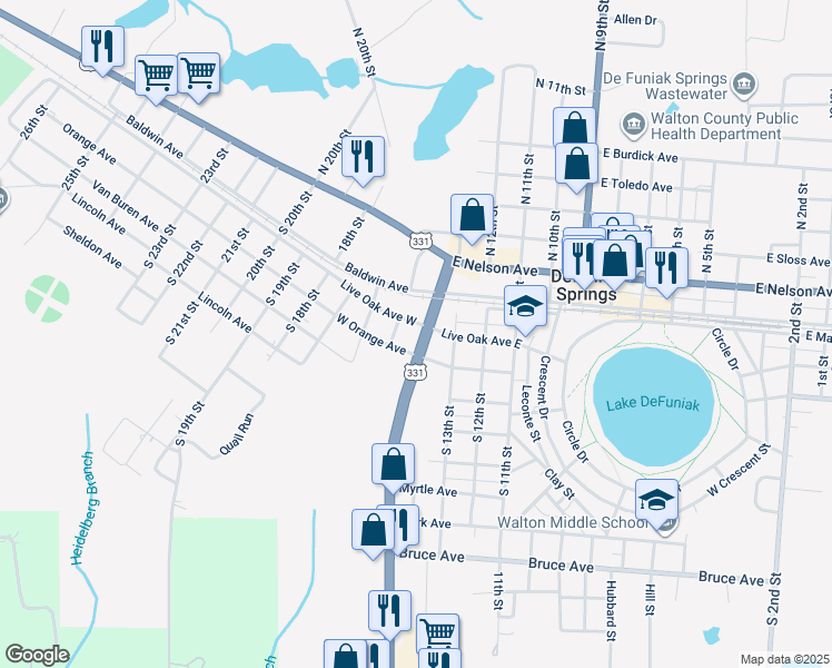 map of restaurants, bars, coffee shops, grocery stores, and more near 83 Live Oak Avenue West in DeFuniak Springs