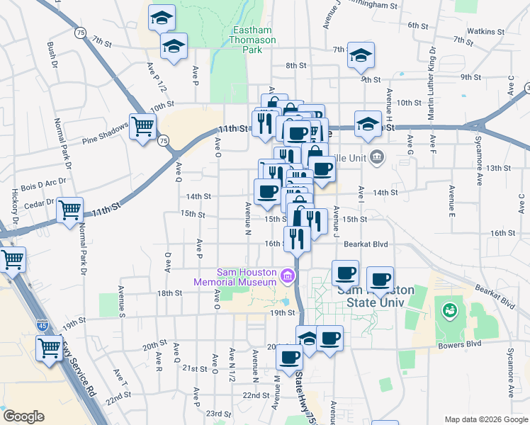 map of restaurants, bars, coffee shops, grocery stores, and more near 1305 14th Street in Huntsville