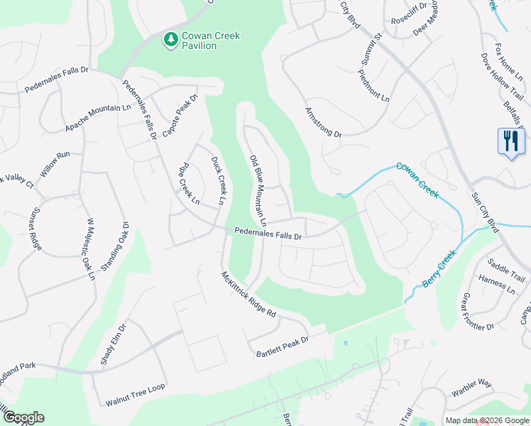 map of restaurants, bars, coffee shops, grocery stores, and more near 215 Old Blue Mountain Lane in Georgetown