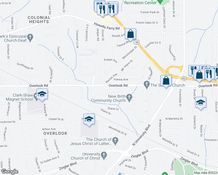 map of restaurants, bars, coffee shops, grocery stores, and more near 5613 Overlook Road in Mobile