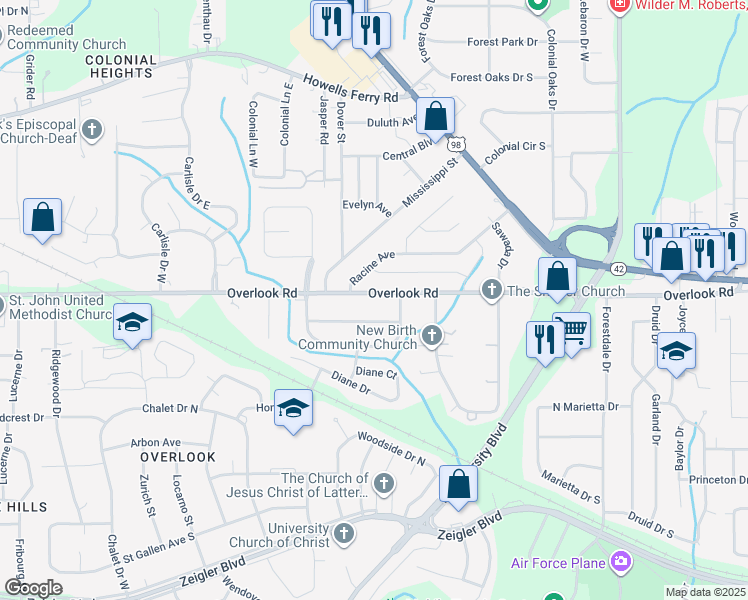 map of restaurants, bars, coffee shops, grocery stores, and more near 5609 Overlook Road in Mobile
