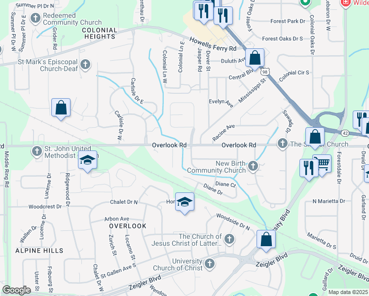 map of restaurants, bars, coffee shops, grocery stores, and more near 5716 Overlook Road in Mobile