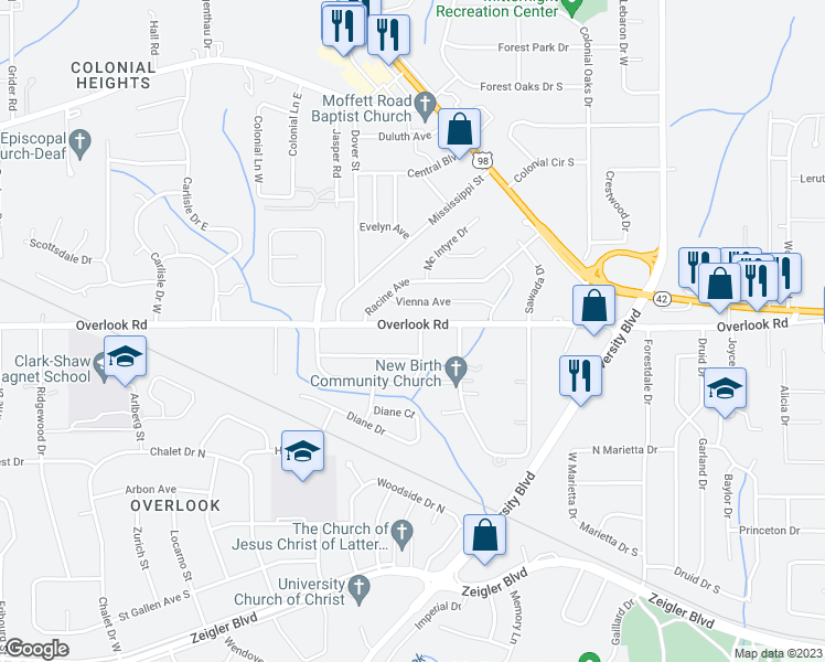 map of restaurants, bars, coffee shops, grocery stores, and more near 5601 Overlook Road in Mobile