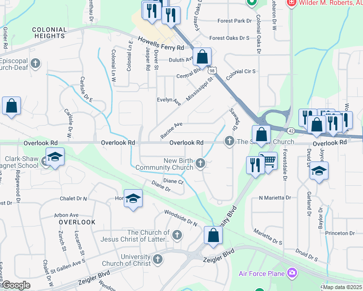 map of restaurants, bars, coffee shops, grocery stores, and more near 5601 Overlook Road in Mobile
