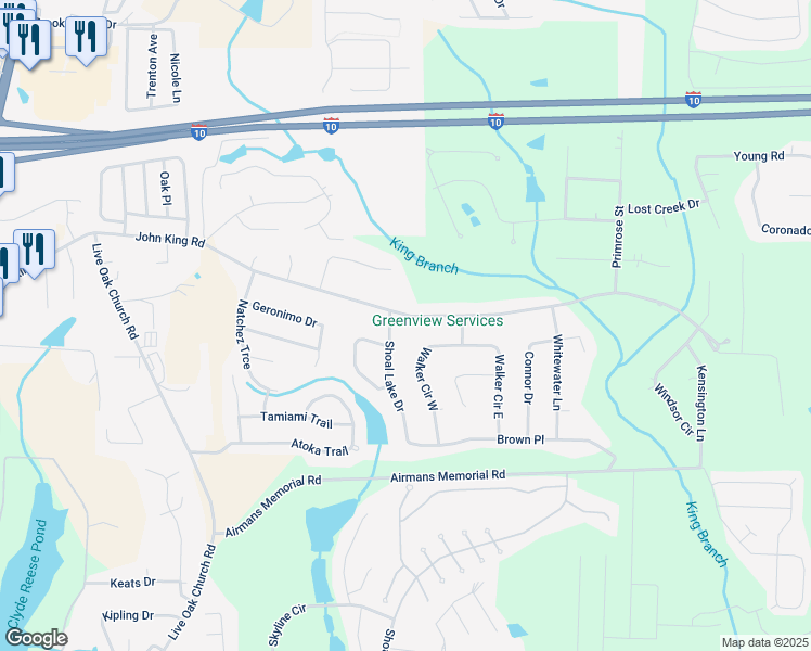 map of restaurants, bars, coffee shops, grocery stores, and more near 345 John King Road in Crestview