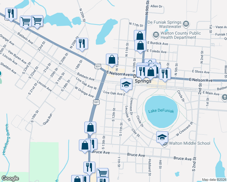 map of restaurants, bars, coffee shops, grocery stores, and more near 10 South 12th Street in DeFuniak Springs