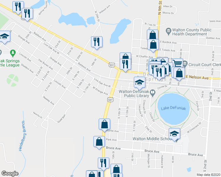 map of restaurants, bars, coffee shops, grocery stores, and more near 180 U.S. 331 in DeFuniak Springs