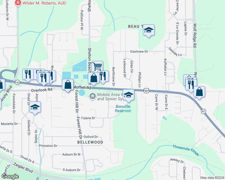 map of restaurants, bars, coffee shops, grocery stores, and more near 4526-4598 Highway 42 in Mobile