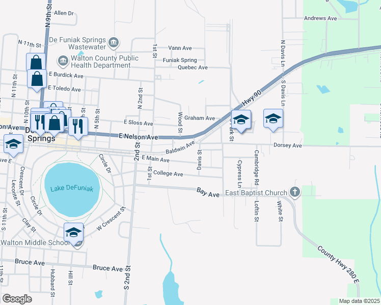 map of restaurants, bars, coffee shops, grocery stores, and more near 503 East Sloss Avenue in DeFuniak Springs