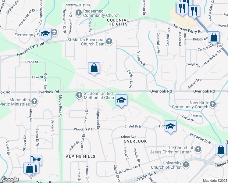 map of restaurants, bars, coffee shops, grocery stores, and more near 6100 Overlook Road in Mobile