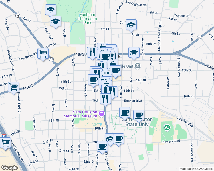 map of restaurants, bars, coffee shops, grocery stores, and more near 1421 Sam Houston Avenue in Huntsville