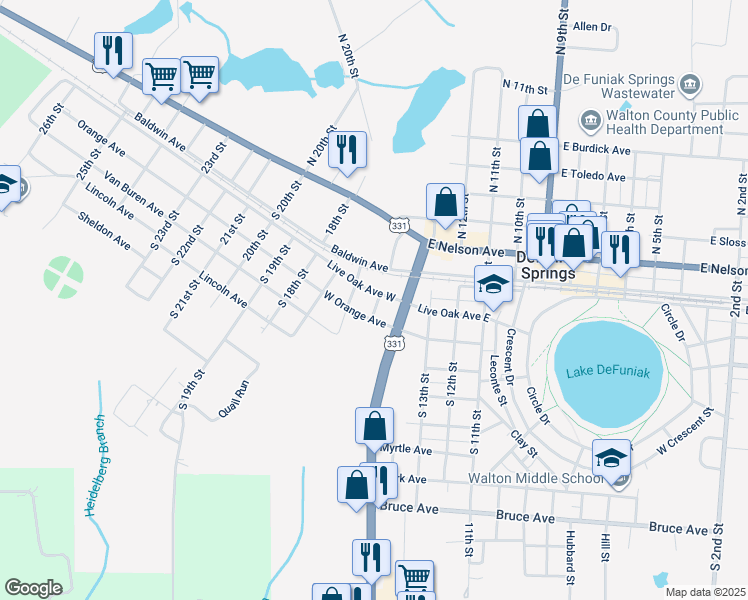 map of restaurants, bars, coffee shops, grocery stores, and more near 83 Live Oak Avenue West in DeFuniak Springs