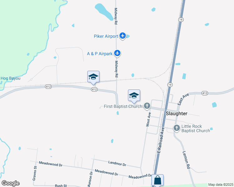map of restaurants, bars, coffee shops, grocery stores, and more near 935 Midway Road in Slaughter
