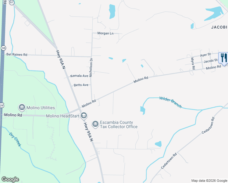 map of restaurants, bars, coffee shops, grocery stores, and more near 865 Molino Rd in Molino