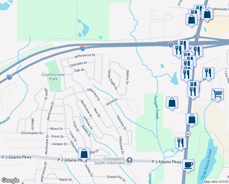 map of restaurants, bars, coffee shops, grocery stores, and more near 107 Strike Eagle Drive in Crestview