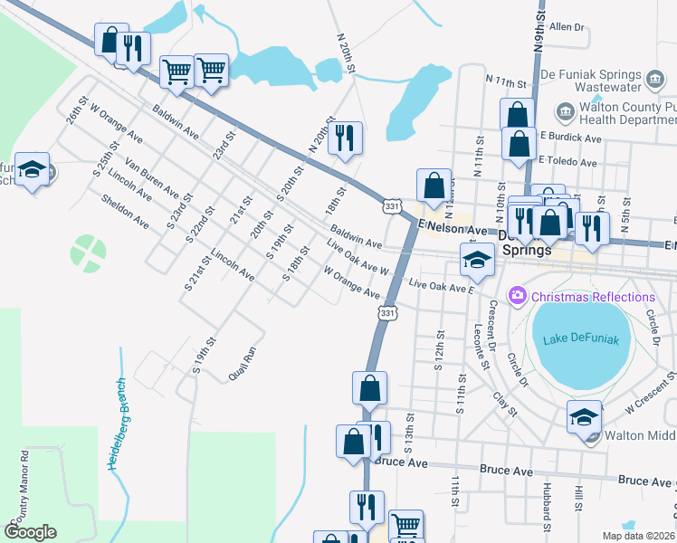 map of restaurants, bars, coffee shops, grocery stores, and more near 172 West Orange Avenue in DeFuniak Springs