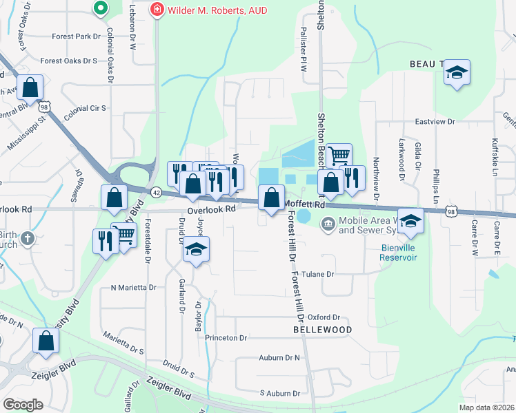 map of restaurants, bars, coffee shops, grocery stores, and more near 2544 Overlook Road in Mobile