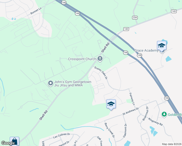 map of restaurants, bars, coffee shops, grocery stores, and more near 3709 Shell Road in Georgetown