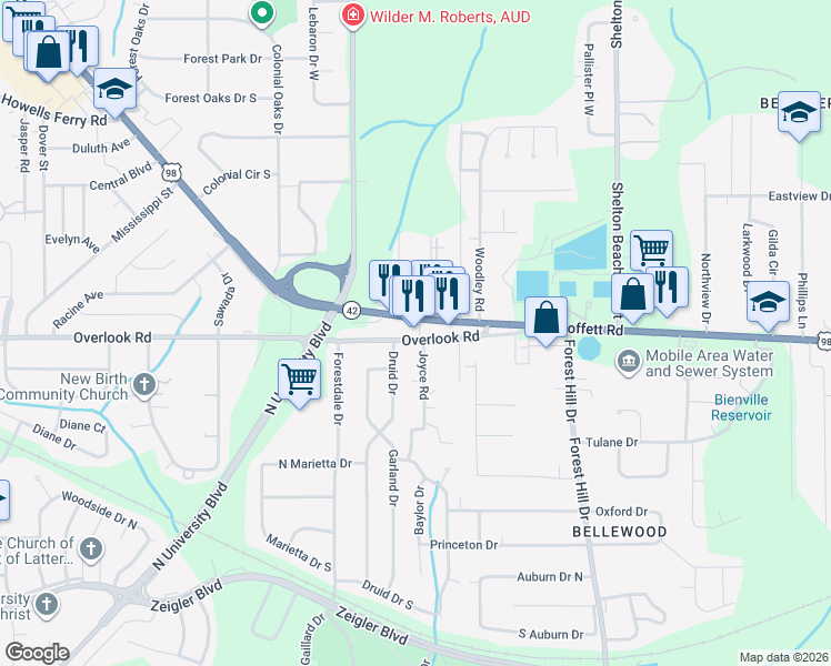 map of restaurants, bars, coffee shops, grocery stores, and more near 5021 Moffett Road in Mobile