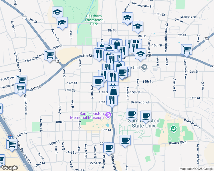 map of restaurants, bars, coffee shops, grocery stores, and more near 1421 Sam Houston Avenue in Huntsville