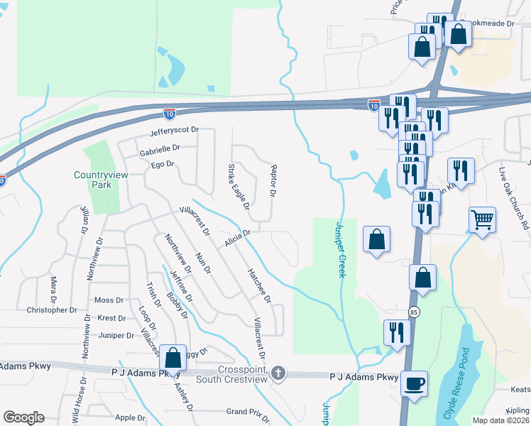 map of restaurants, bars, coffee shops, grocery stores, and more near 209 Raptor Drive in Crestview