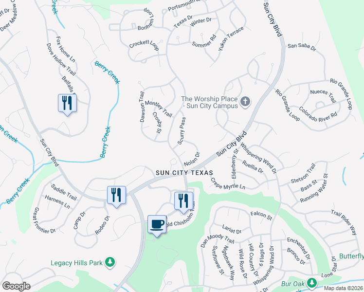map of restaurants, bars, coffee shops, grocery stores, and more near 107 Scurry Pass in Georgetown