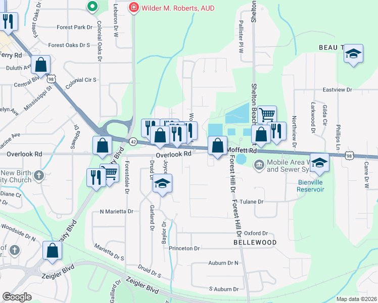 map of restaurants, bars, coffee shops, grocery stores, and more near 4955 Moffett Road in Mobile