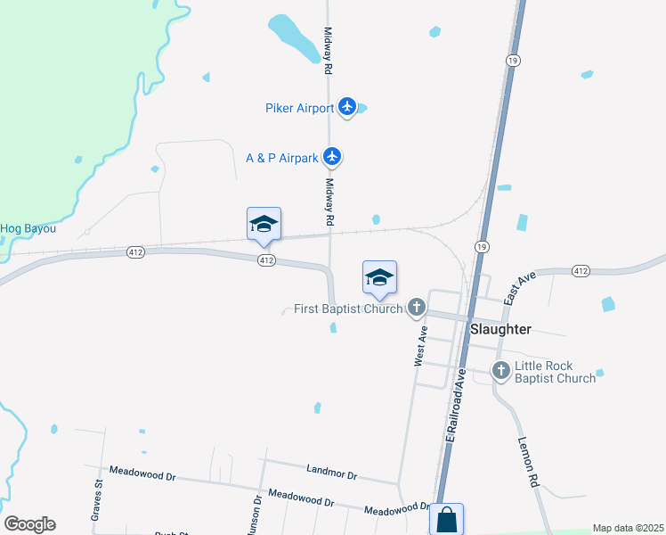 map of restaurants, bars, coffee shops, grocery stores, and more near 935 Midway Road in Slaughter