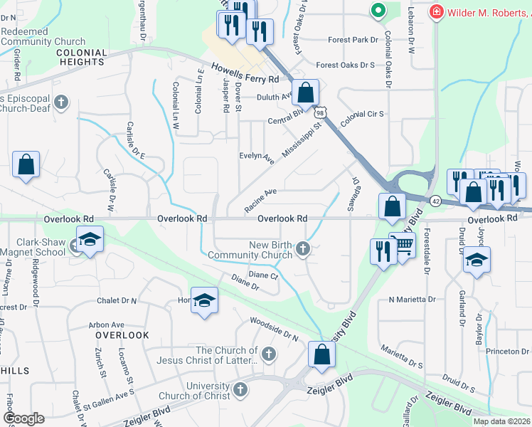map of restaurants, bars, coffee shops, grocery stores, and more near 5528 Overlook Road in Mobile