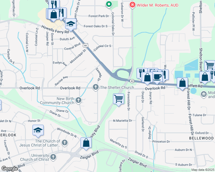map of restaurants, bars, coffee shops, grocery stores, and more near 5318 Overlook Rd in Mobile