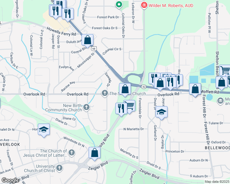 map of restaurants, bars, coffee shops, grocery stores, and more near 5318 Overlook Road in Mobile