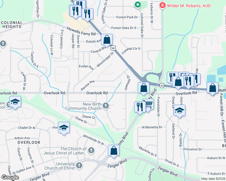 map of restaurants, bars, coffee shops, grocery stores, and more near 5450 Overlook Road in Mobile