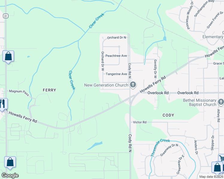 map of restaurants, bars, coffee shops, grocery stores, and more near 1421 Cody Road North in Mobile