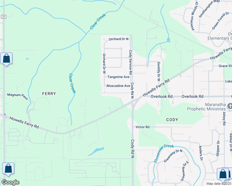 map of restaurants, bars, coffee shops, grocery stores, and more near 1421 Cody Road North in Mobile