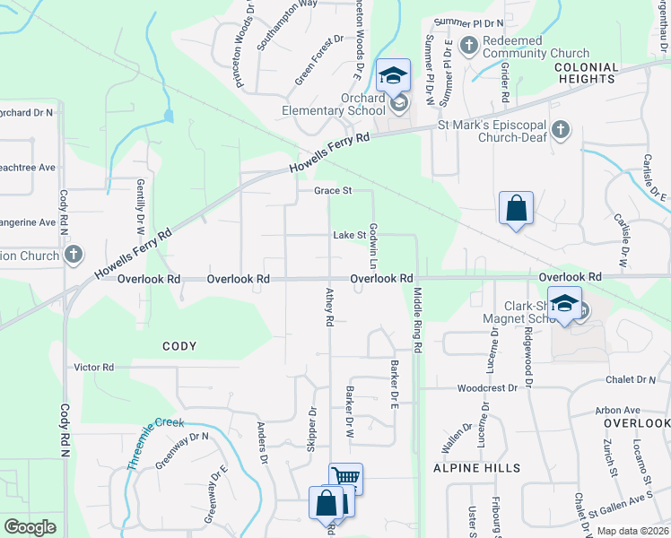 map of restaurants, bars, coffee shops, grocery stores, and more near 6522 Overlook Road in Mobile