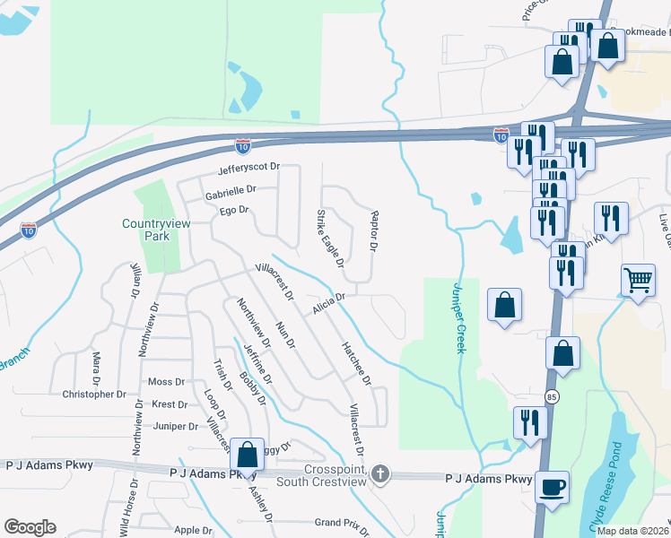 map of restaurants, bars, coffee shops, grocery stores, and more near 109 Strike Eagle Drive in Crestview