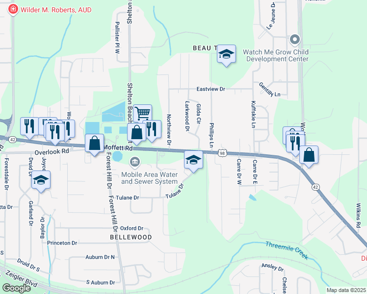 map of restaurants, bars, coffee shops, grocery stores, and more near 4526 Alabama 42 in Mobile