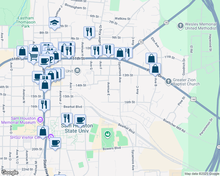 map of restaurants, bars, coffee shops, grocery stores, and more near 1320 Avenue East in Huntsville