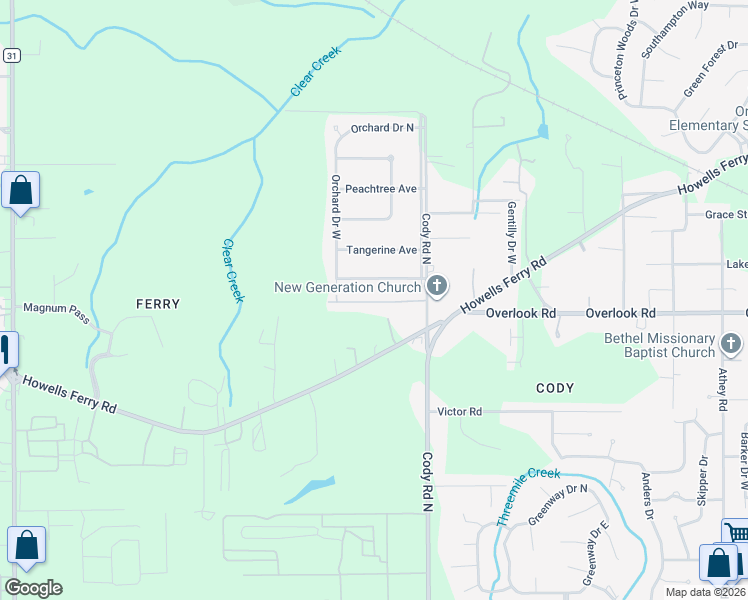 map of restaurants, bars, coffee shops, grocery stores, and more near 1421 Cody Road North in Mobile
