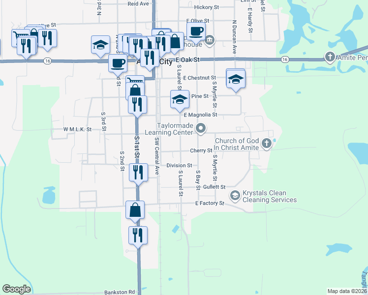 map of restaurants, bars, coffee shops, grocery stores, and more near 510 South Laurel Street in Amite City