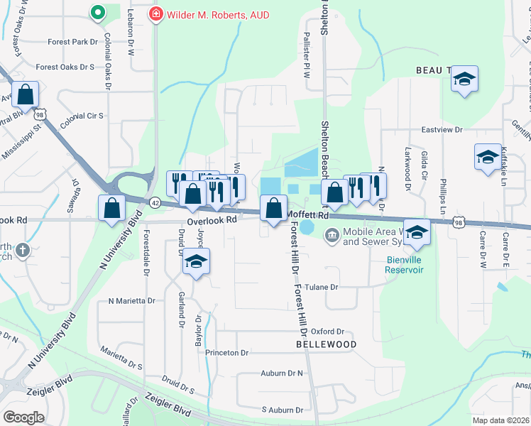 map of restaurants, bars, coffee shops, grocery stores, and more near 1840-2544 Overlook Road in Mobile
